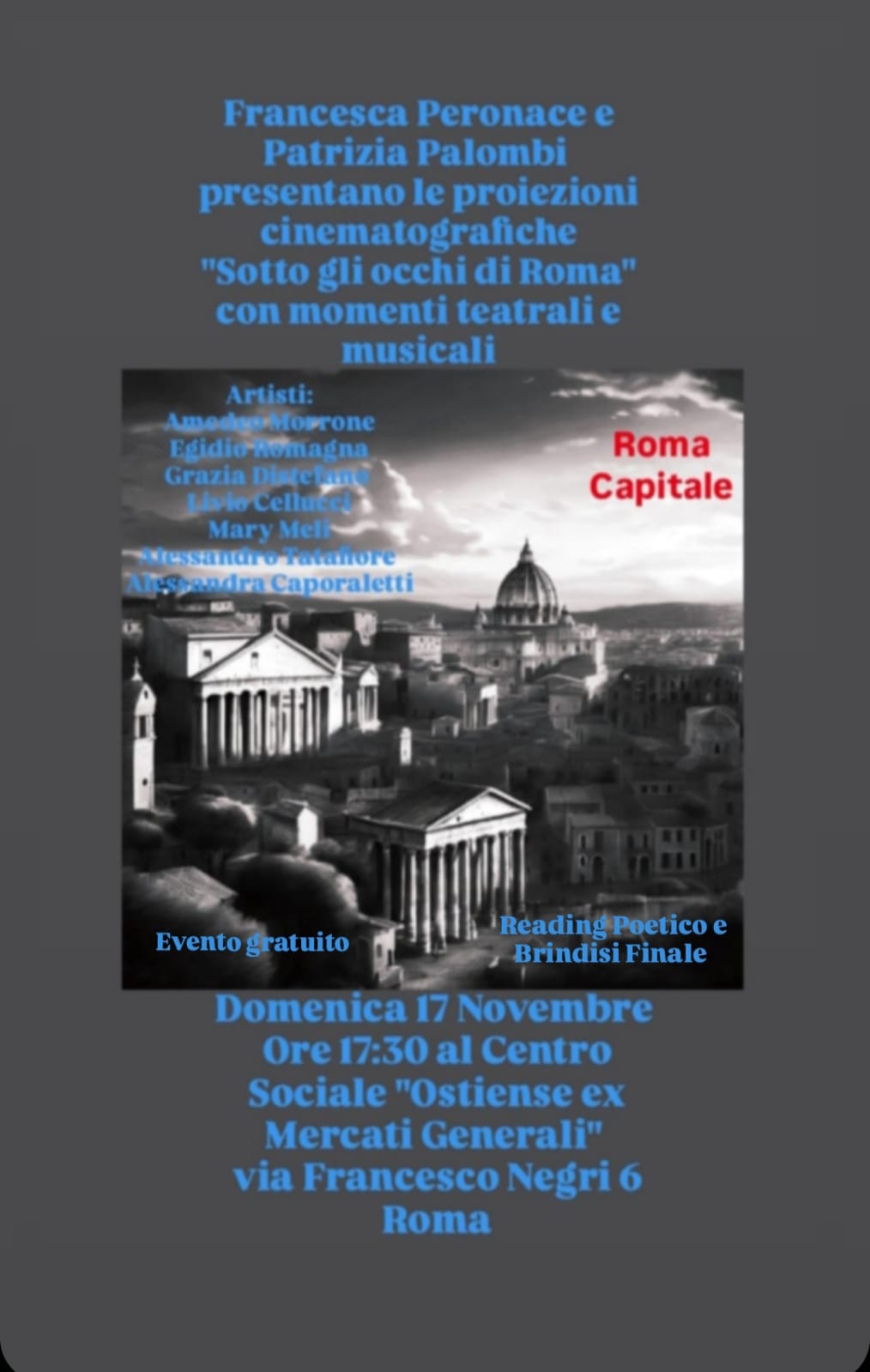 Il 17 novembre si terrà un incontro culturale a Roma presso gli ex Mercati Generali
