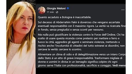 Meloni su morte Fakir a Bologna: 'Stabilire verità, no aggressioni a Forze dell'Ordine'