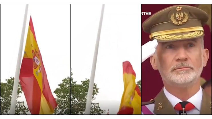 L’alzabandiera senza la bandiera: il re di Spagna Felipe sbalordito davanti all’incidente durante la cerimonia - Il Fatto Quotidiano