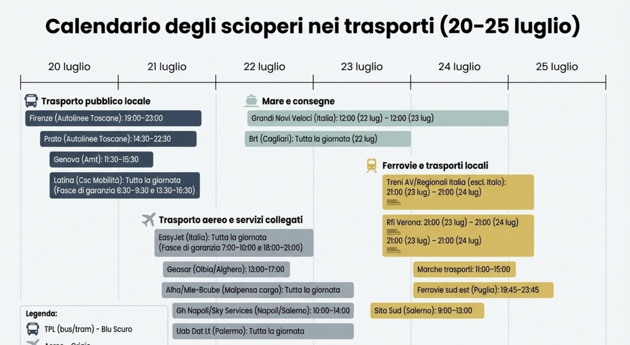 Scioperi trasporti 20-26 luglio 2026, si fermano aerei, treni e mezzi pubblici: calendario con orari, date e fasce di garanzia
